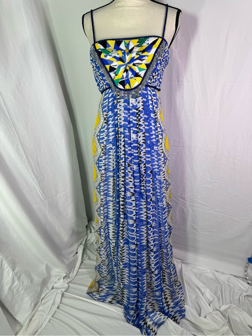 Ranna Gill Blue Boho Geo Print Maxi Gown Dress Strappy Silk M Summer